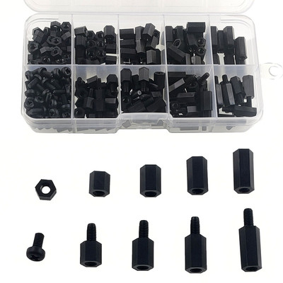 黑色M3尼龙螺丝螺母 300PCS盒装 塑料螺丝螺母隔离柱组合套装