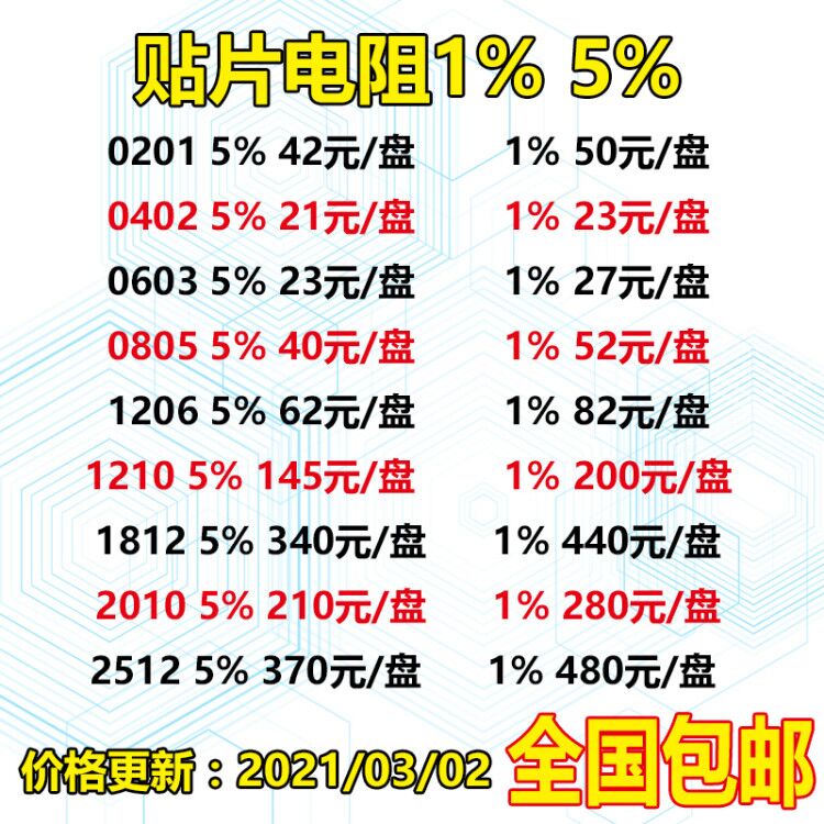 贴片电阻0603 0805 1206 5% 51R 100欧 200R 1K 2K 10K 47K 1M 1%