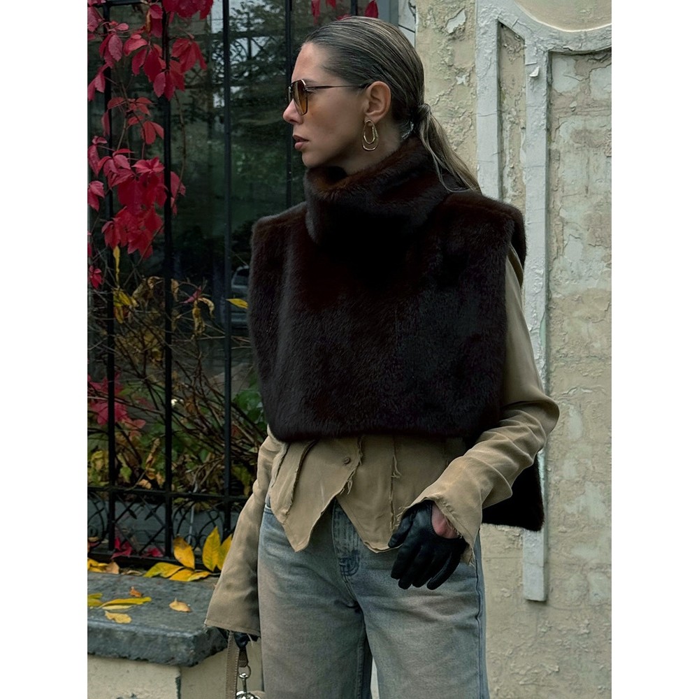 Y24TP547欧美女装秋冬季亚马逊新款纯色半高领毛毛坎肩无袖上衣女