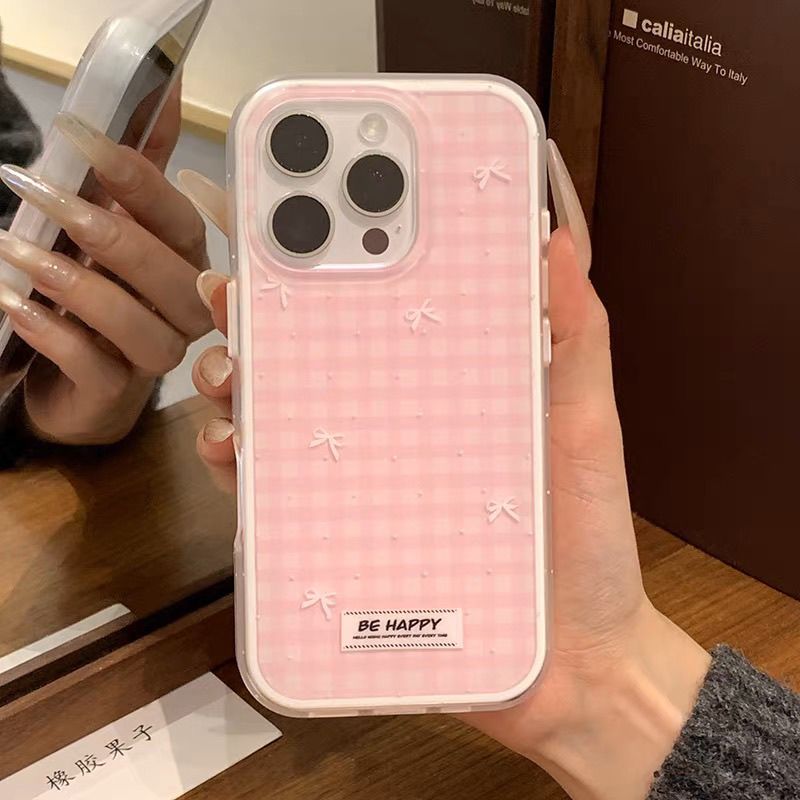 ins简约粉色网格蝴蝶结适用iPhone16promax手机壳苹果15pro新14女