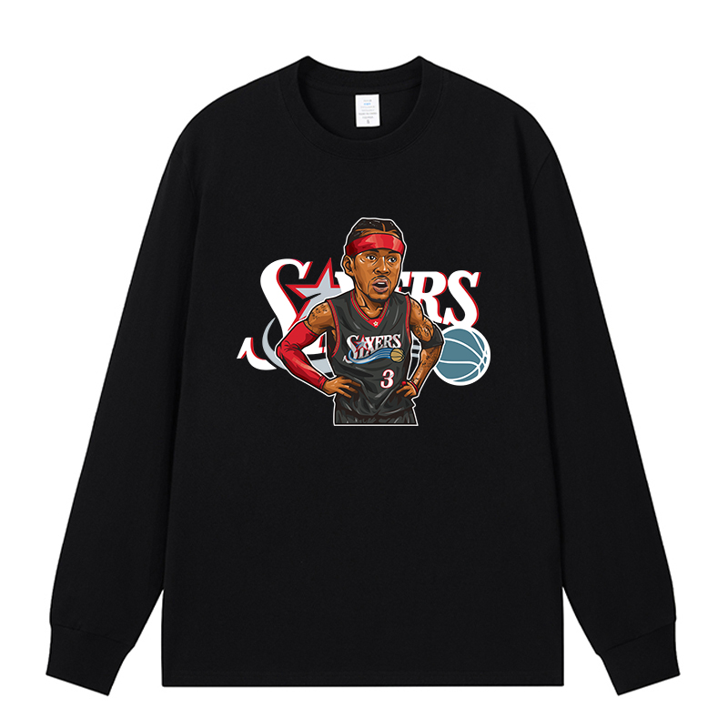 76人艾弗森美式印花篮球服宽松运动长袖T恤男圆领数码直喷定制