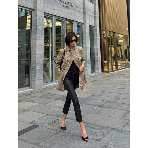 VanessaLab 秋冬涂层紧身黑色休闲皮裤女欧美中腰微喇弹力九分裤