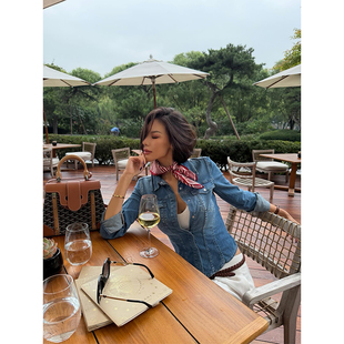 VanessaLab私服秋季显瘦美式复古牛仔衬衫女收腰修身翻领长袖外套