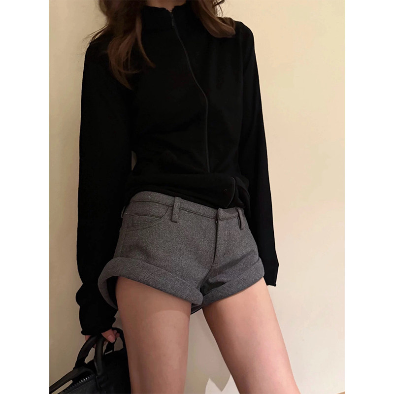VanessaLab 设计感卷边羊毛呢短裤女灰色立体缀饰休闲裤早春女裤