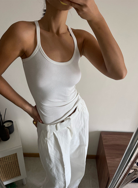 VanessaLab 夏季黑白弹力细吊带背心女美式螺纹修身辣妹内搭上衣