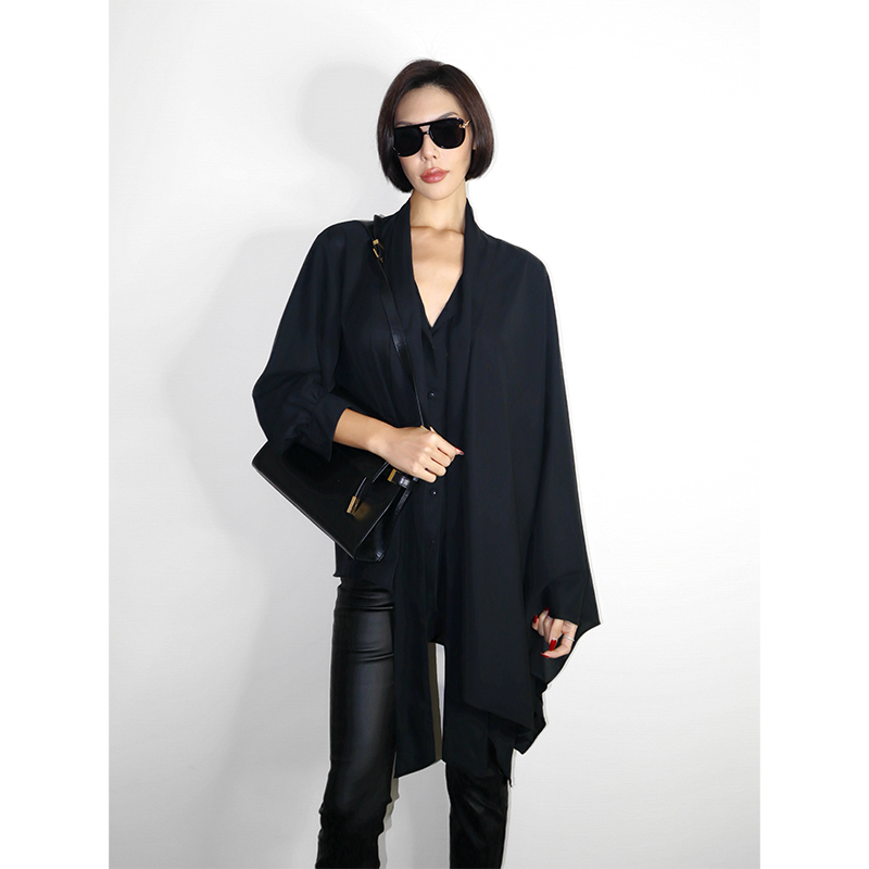 VanessaLab 巴黎黑色丝质单袖式领系带设计宽松暗黑气质衬衫女