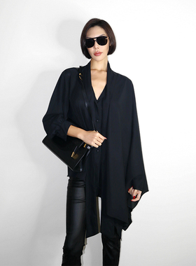 VanessaLab 巴黎黑色丝质单袖式领系带设计宽松暗黑气质衬衫女