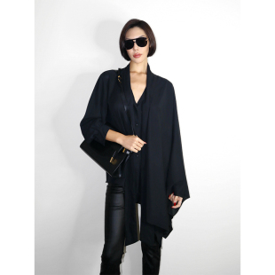 【5折】巴黎黑色丝质单袖式领系带设计宽松暗黑气质衬衫女