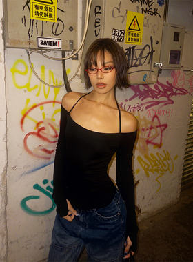 VanessaLab 秋冬黑色修身弹力挂脖t恤女紧身性感圆领长袖打底上衣