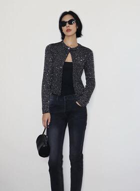 VanessaLab秋冬细闪小香风针织衫女秋季新款黑色复古长袖开衫外套