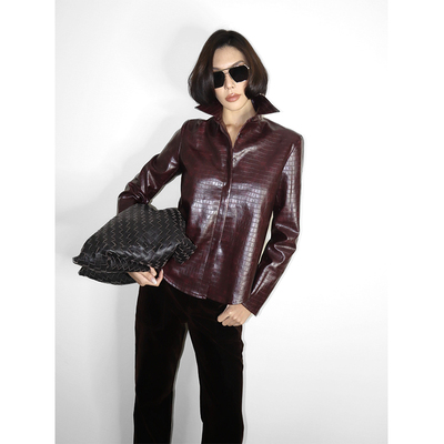 VanessaLab 酒红色重工压纹仿鳄鱼皮宽松皮衣外套女小众短款夹克