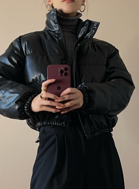 VanessaLab 欧美黑色pu皮立领短款羽绒棉服加厚保暖外套女冬季