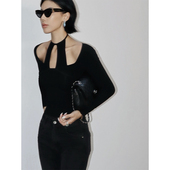 长袖 VanessaLab 春秋挂脖性感镂空小众设计上衣女假两件打底衫 t恤