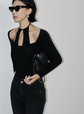 VanessaLab 春秋挂脖性感镂空小众设计上衣女假两件打底衫长袖t恤