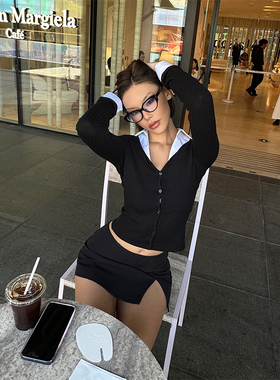 VanessaLab 欧美黑色假两件针织开衫女2023秋季新款短款拼接上衣