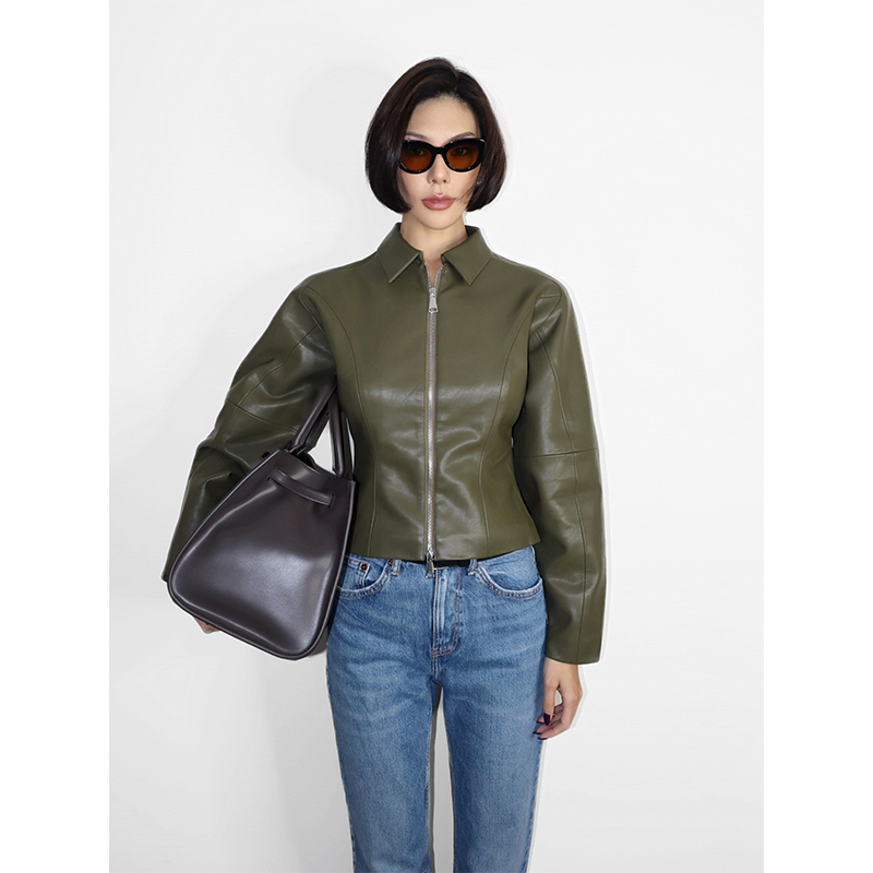 VanessaLab 秋冬巴恩风皮夹克复古修身收腰橄榄绿短款皮衣外套女