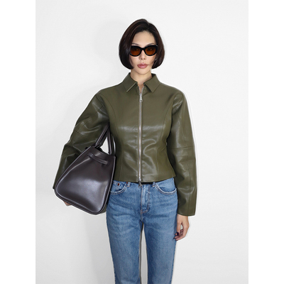 VanessaLab 秋冬巴恩风皮夹克复古修身收腰橄榄绿短款皮衣外套女