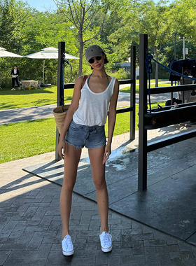 VanessaLab 巨好穿微透吊带背心女夏季度假亚麻宽松百搭白色上衣