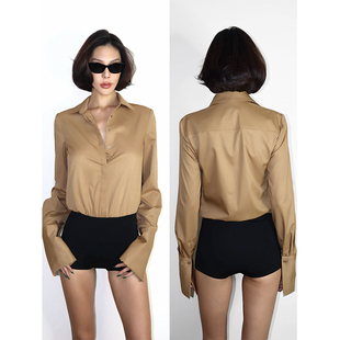 女 衬衫 VanessaLab秋冬气质显瘦正肩连体裤 卡其棕百搭立体通勤长袖