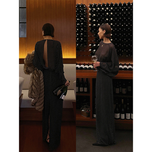 VanessaLab私服浪漫薄纱波点性感透视露背长袖拖地连衣裙女礼服裙