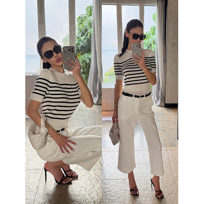 VanessaLab 春夏秋针织衫女法式优雅绵羊毛混纺条纹短袖套头毛衫