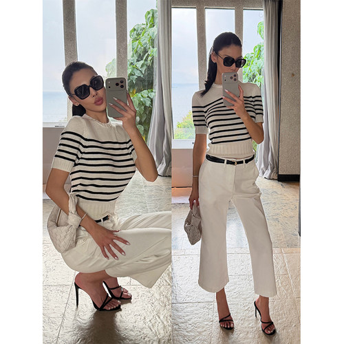 VanessaLab法式条纹短袖毛衫