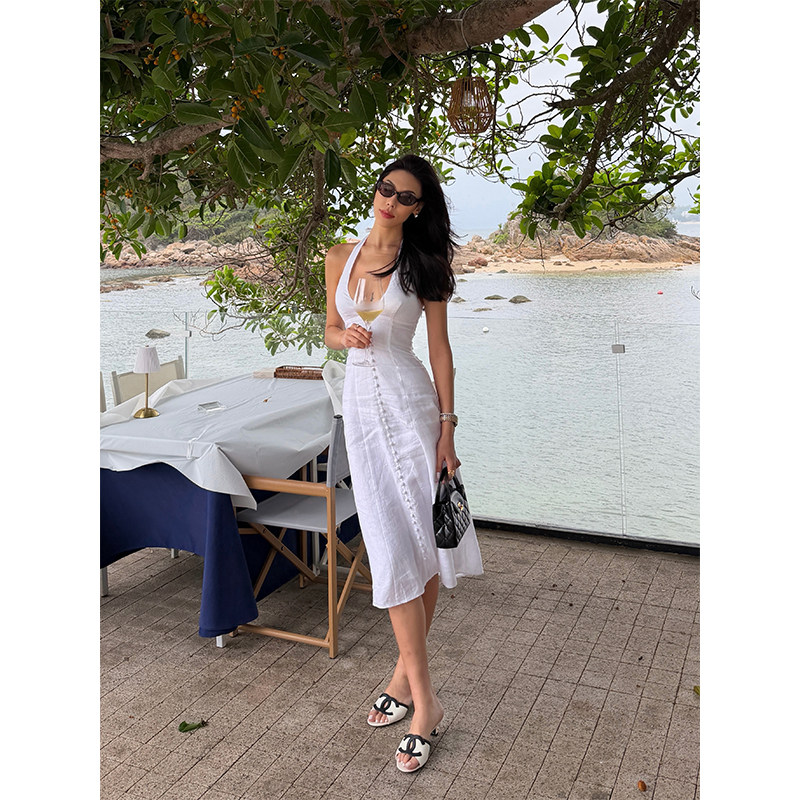 VanessaLab 性感深v领无袖亚麻连衣裙女白色收腰修身A字中长裙子