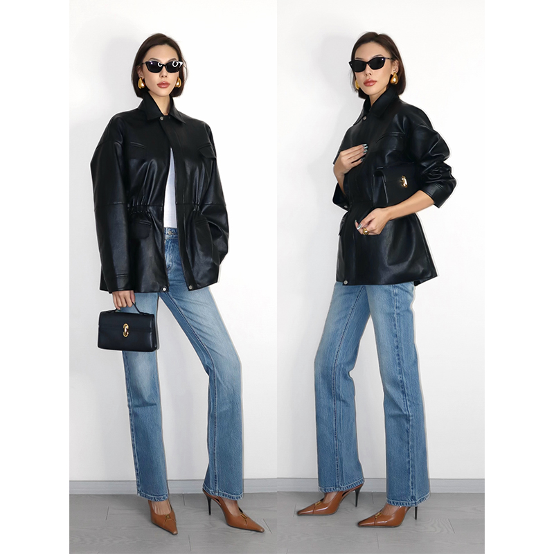 VanessaLab 街头风翻领收腰皮夹克女黑色显瘦短外套酷感