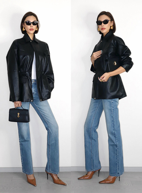 VanessaLab Elsa同款秋冬重工黑色pu皮外套女ins风收腰中长款夹克