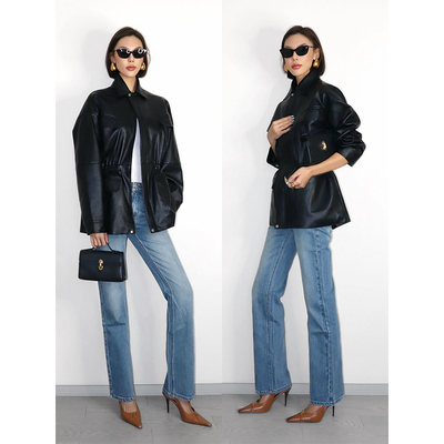 VanessaLab Elsa同款秋冬重工黑色pu皮外套女ins风收腰中长款夹克