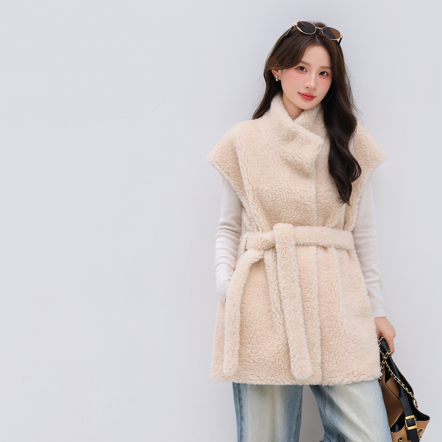 2025冬季新款法式腰带中长款全羊毛皮毛一体皮草外套马甲