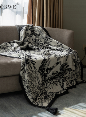 花鸟轻奢毛毯黑白沙发搭毯客厅空调午睡盖毯床尾毯沙发毯法式高级