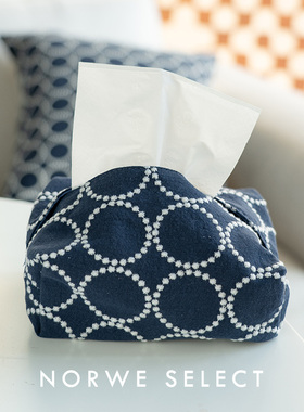 NORWE纸巾盒棉麻日式双层厚蓝色简约刺绣布艺纸巾袋纸巾套收纳北