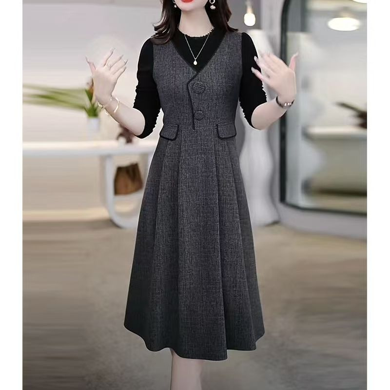 正品复古时尚秋冬季连衣裙女外穿打底妈妈优雅洋气质修身显瘦加厚