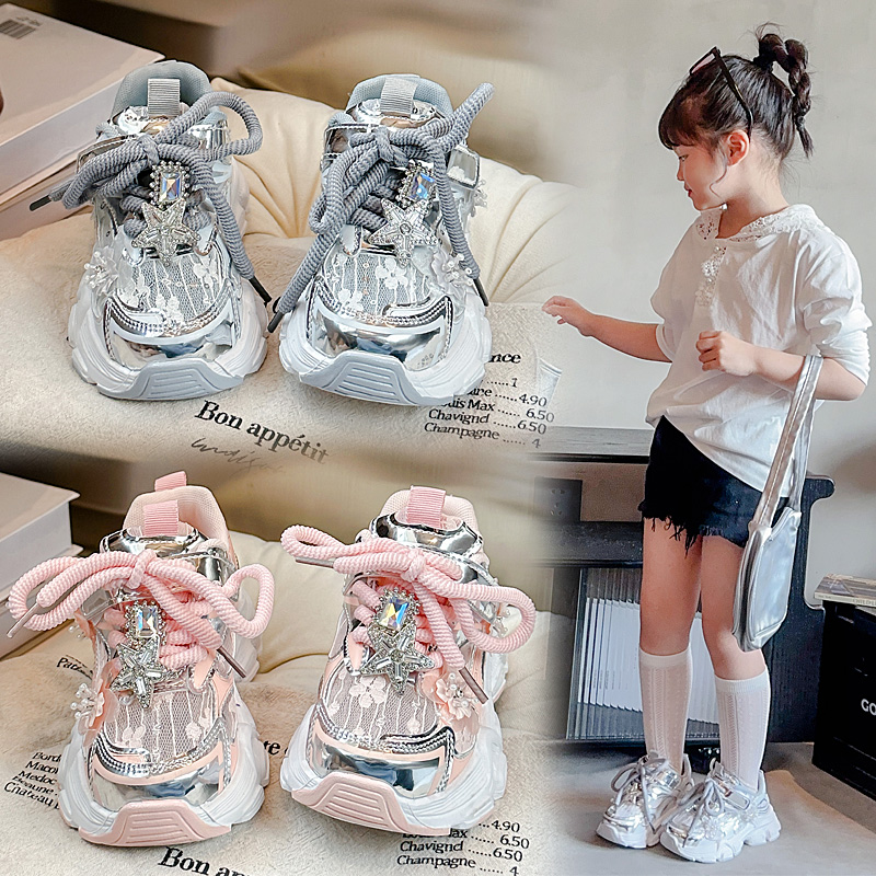 女童老爹鞋2025夏季新款透气单网儿童运动鞋花朵公主风女孩跑步鞋