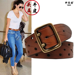 潮女腰带宽 带真皮bf个性 皮带女双针铜扣女士时尚 头层纯牛皮牛仔裤
