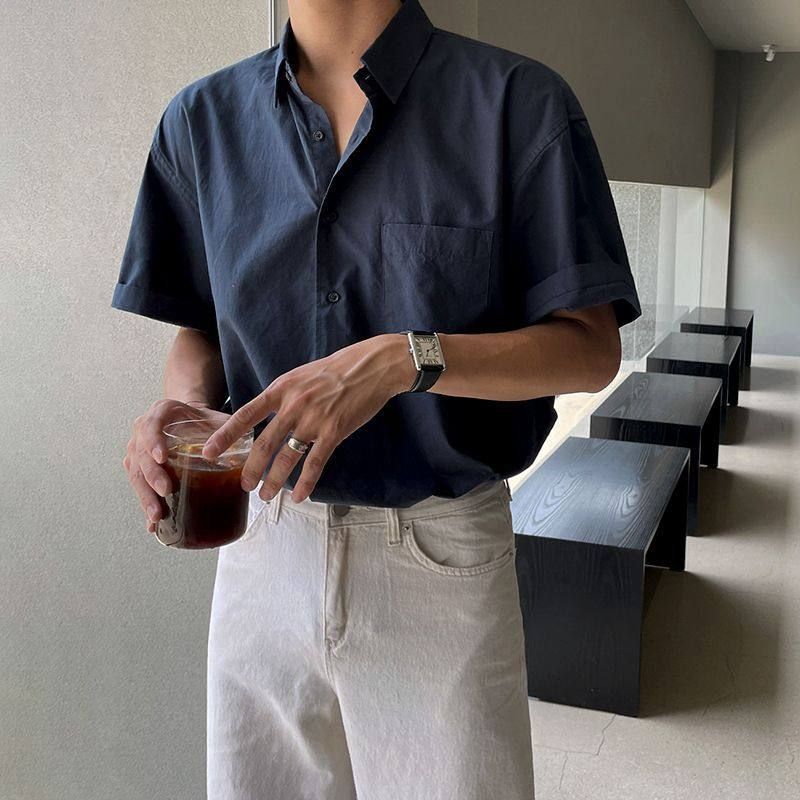 Q百搭宽松半袖寸衫潮流高级感纯色夏季男款衬衣短袖衬衫MY韩版