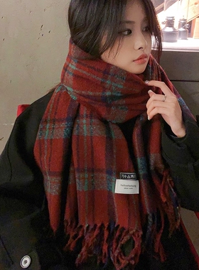 LULU红色格子围巾女山羊绒保暖潮