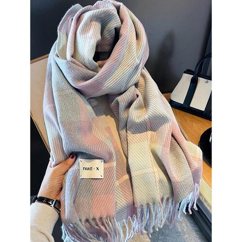 【正品】Coor Koor糯叽叽~温柔灰粉格子羊绒围巾女秋冬保暖披肩两