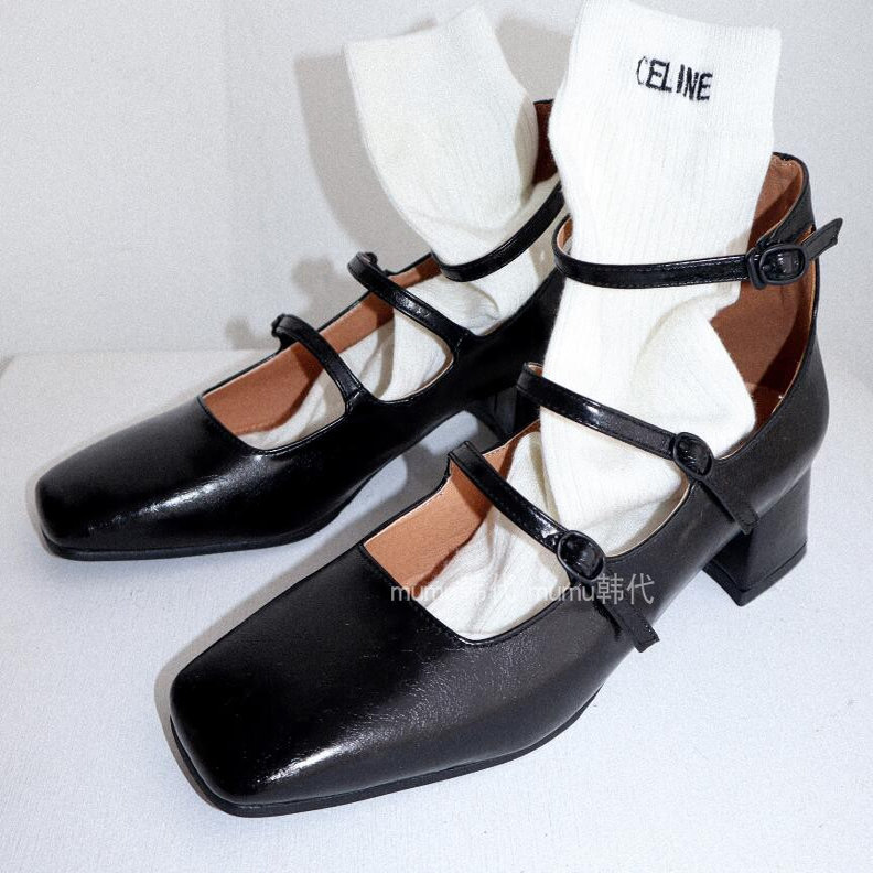 黑色方头粗跟玛丽珍女鞋舒适百搭