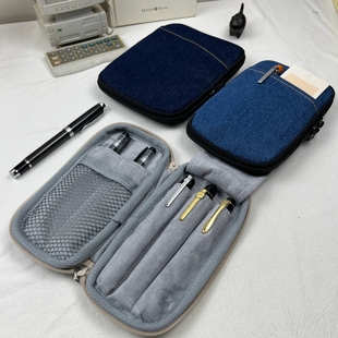 布邑蓝色牛仔笔包钢笔收纳袋三支装笔套多支装笔烧饼包便携拉链包