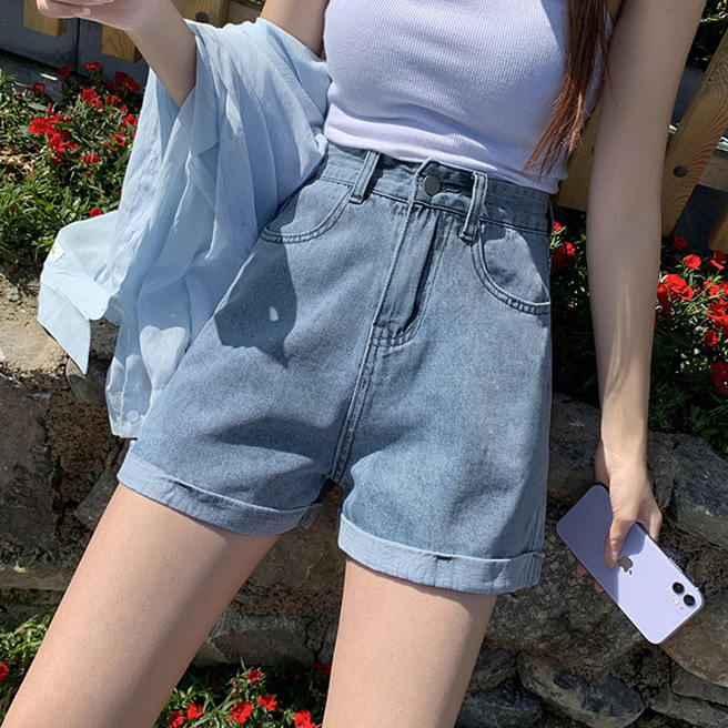 夏季高腰牛仔短裤女2023新款大码胖mm宽松显瘦辣妹卷边阔腿热裤子