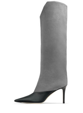 灰色黑色羊京拼接PU时尚大码细高跟中筒及膝靴女士欧美时装外贸靴