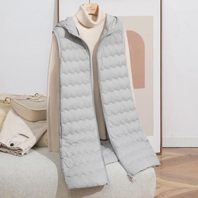 秋冬时尚连帽轻薄波浪羽绒服马甲女中长款修身内胆外套潮锦纶