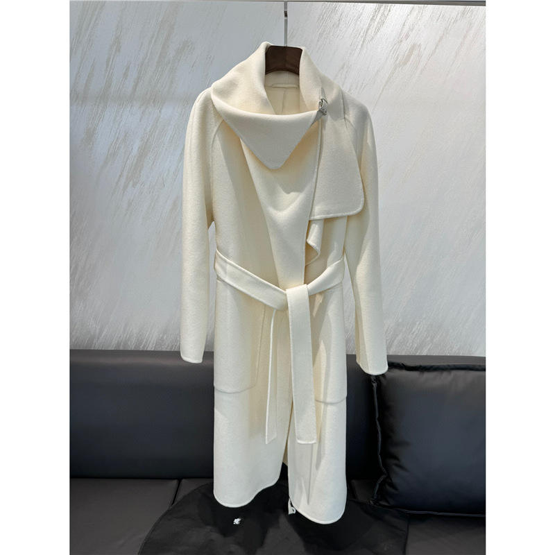 2024秋季大翻领双面羊绒大衣羊毛外套长款系带毛呢外套2023年春季