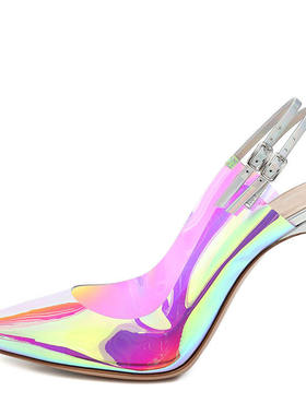 新款 炫彩透明pvc时尚大码外码slingbacks露跟细高跟单鞋宴会女鞋