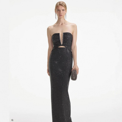 欧美跨境新款时尚派对宴会抹胸水钻无袖绷带黑色长款礼服连衣裙