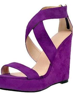 欧美女士坡跟凉鞋紫色防水台女鞋成都厂家供货亚马逊时装凉鞋纯色