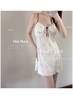Pink Pluck樱桃小丸子*性感睡裙内衣女缎面带胸垫印花纯欲超舒服