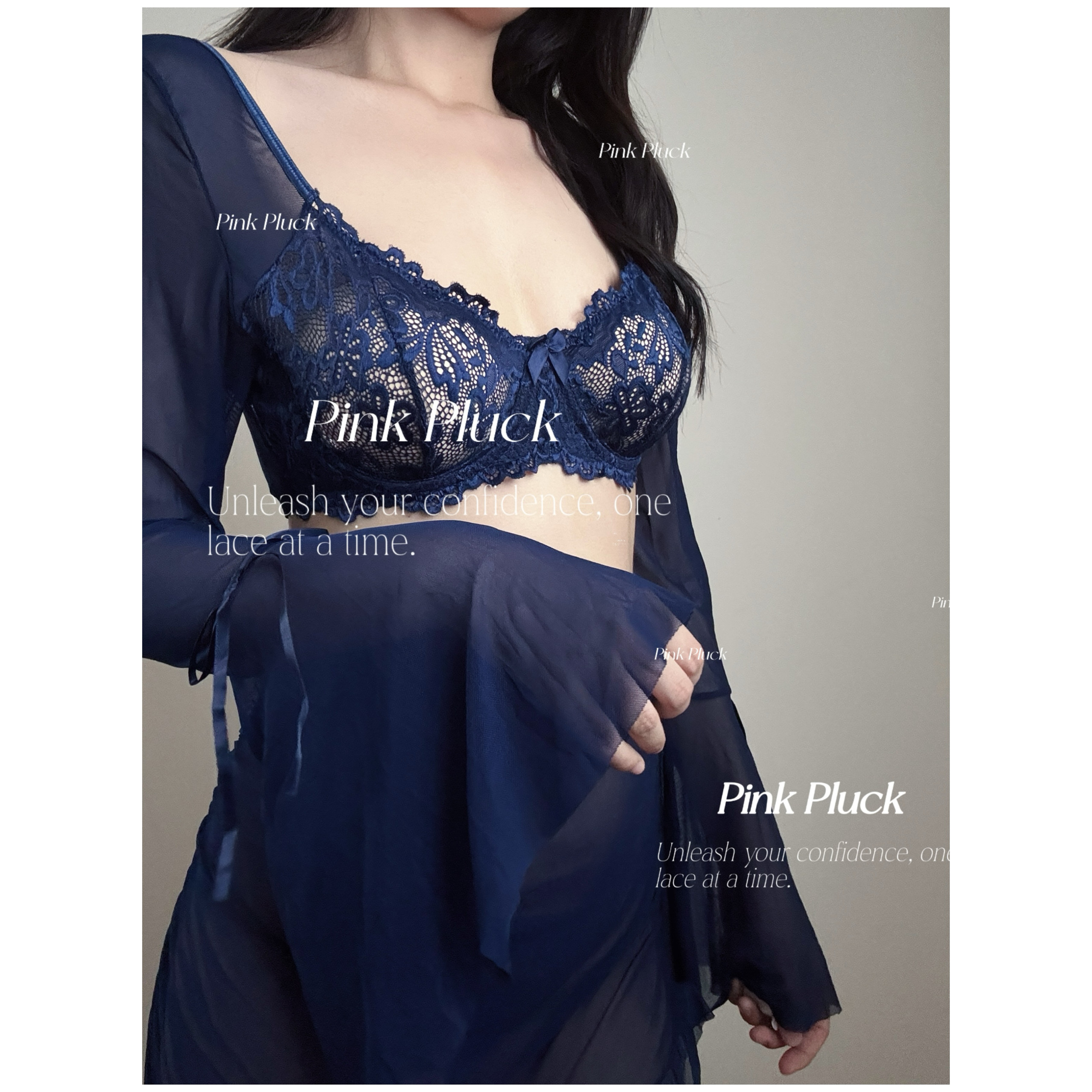Pink Pluck *Don’t care*质感藏蓝色蕾丝透视分体式睡衣内衣御姐